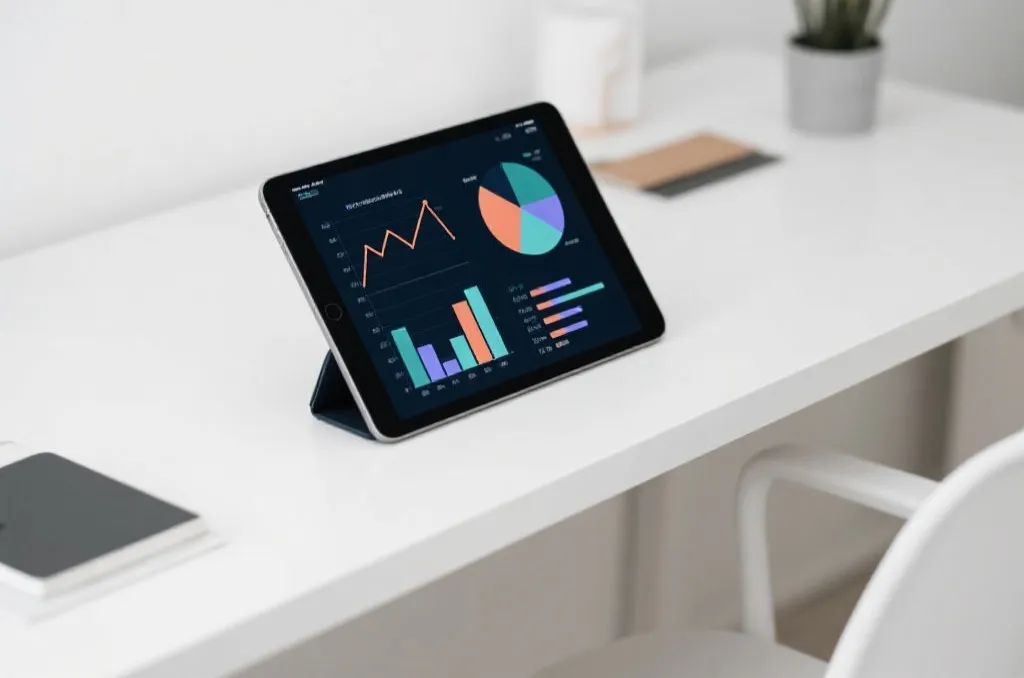 Modern minimalist workspace with a tablet showing abstract business and probability charts